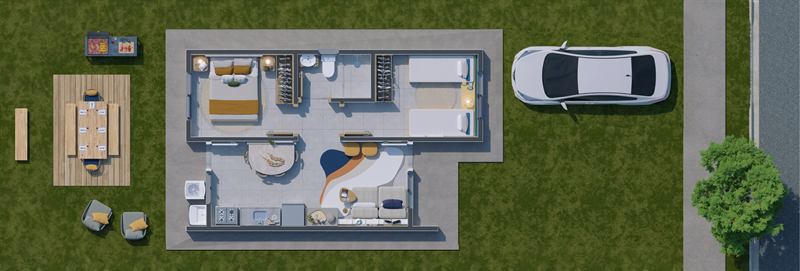 Planta baixa da casa de 44,08 m² com dois quartos